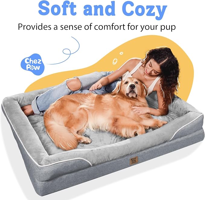 Chez Paw Orthopedic Dog Bed for Medium & Large Dogs, Waterproof Egg-Crate Foam Dog Bed with Removable Washable Cover, 4-Sided Bolster Support & Non-Slip Bottom, Silver 36"x27"x7"