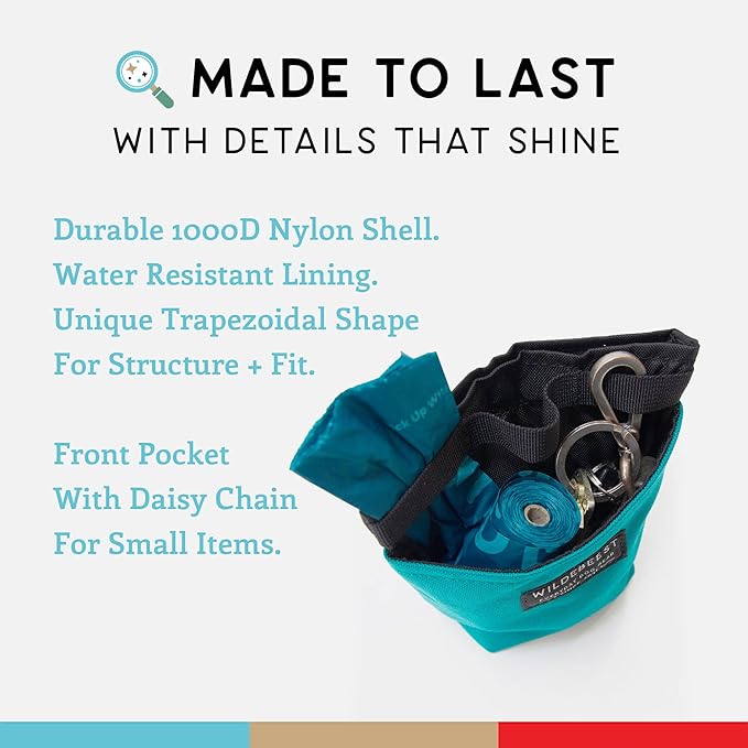 Wildebeest Dog Treat Pouch, Dog Treat Bag, Dog Training Treat Pouch, Dog Travel Bag, Pet Treat Pouch, Magnetic Closure, 2 Water-Resistant Compartments, Detachable Waist Strap & Belt Clip (Turquoise)