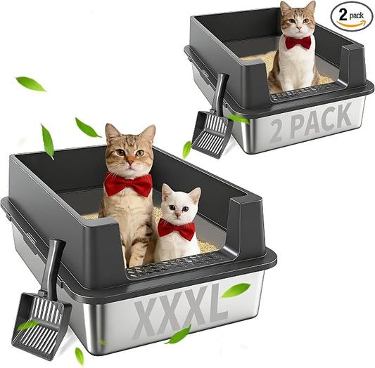 2PACK Stainless Steel Litter Box with Lid, XXXL Metal Litter Boxes for Big Cats and Kitten, Three Extra Large High Sided Littter Box,Odorless,Non-Stick,Easy Cleaning,Scoops Included (2, XXX-L)