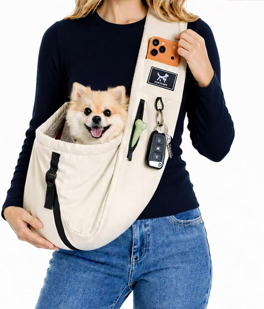 Pet Sling Carrier for Small Dogs and Cats 5-20lbs, Dog Sling with Adjustable Depth, Breathable Air Mesh Puppy Travel Bag, Water Resistant Fabric, Double Safety Leash, Machine Washable,Apricot