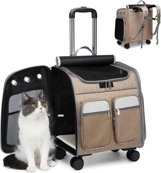Wheeled Pet Carrier Backpack Pet Stroller,Travel Carrier with Detachable Wheels for Small Dogs Cats Puppies Up to 17 Lbs, Folding Puppy Carrier,Mesh Ventilation Windows, Storage Pockets
