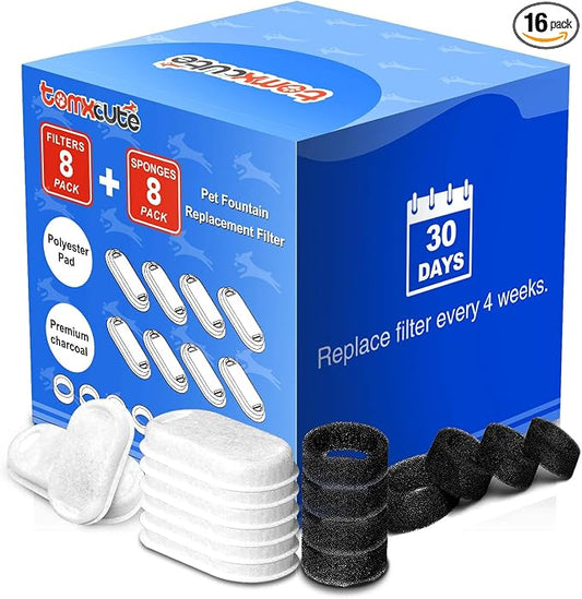 Official Tomxcute Cat Water Fountain Replacement Filters - 16 Pack Cat Fountain Filter for 3.2L/108oz & 4L/135oz Pet Water Fountain, Three-Layer Filtration Replacement Filters(8+8 Pack), 4 Month Set