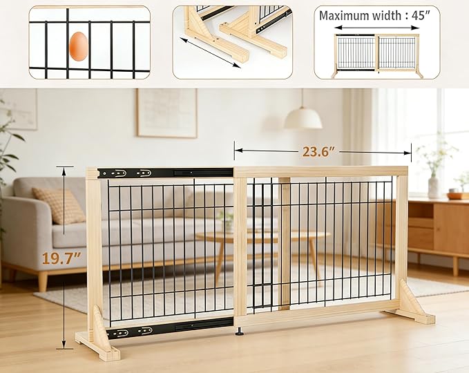 Freestanding Wooden Dog Gate for Doorways & Stairs, Adjustable Width 23.6"–45.3", Foldable No Drill Pet Gate for Small Dogs & Puppies, Indoor Dog Barrier, 19.7" Tall