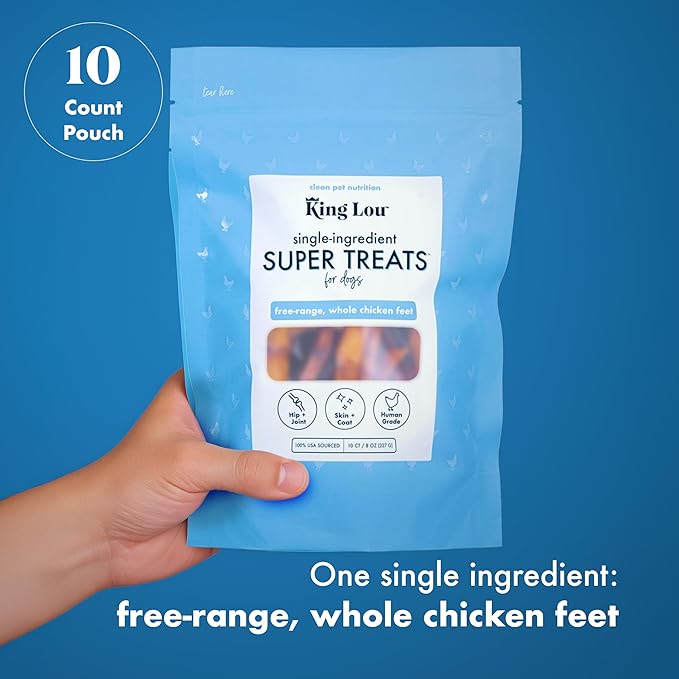 King Lou Pets Whole Chicken Feet for Dogs, Single-Ingredient USA-Made Dehydrated Chicken Treats, Human-Grade Crunchy Dental Chews for Dogs Hip & Joint Support, 10 Count
