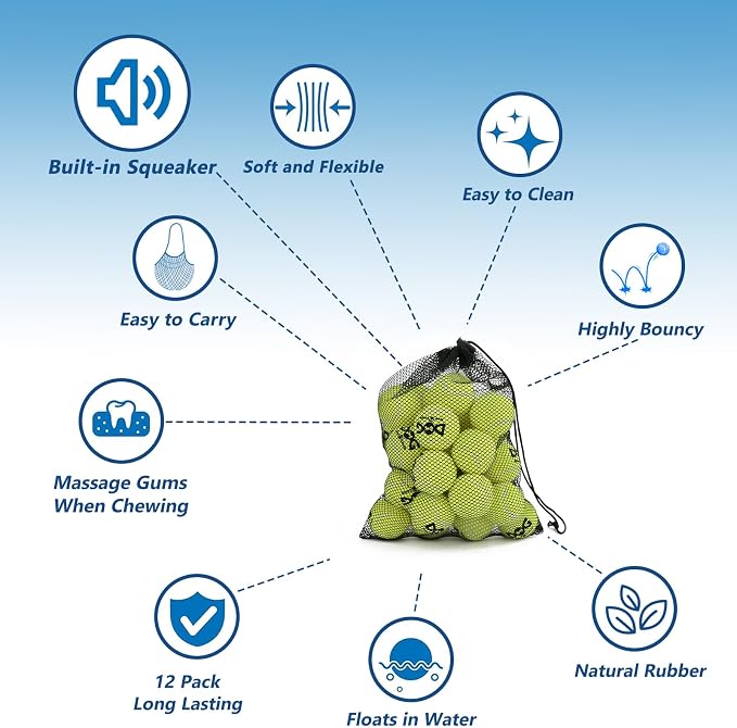 INSUM 20 Pack Small Tennis Balls for Dogs - 2 Inch Squeaky Dog Balls Toys with Mesh Bag, SGS Certified, Durable Non-Toxic, Built in Squeaker, Small Breeds