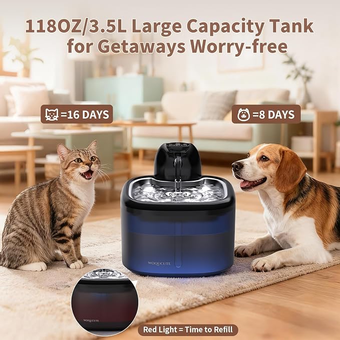 Cat Water Fountain Cordless 118oz/3.5LWireless & Ultra Quiet with Sensor/Timer Mode Stainless Steel Tray BatteryOperated Pet Fountain for Indoor Use, Pet Water Dispenser (Cat Fountain+8 Filters)