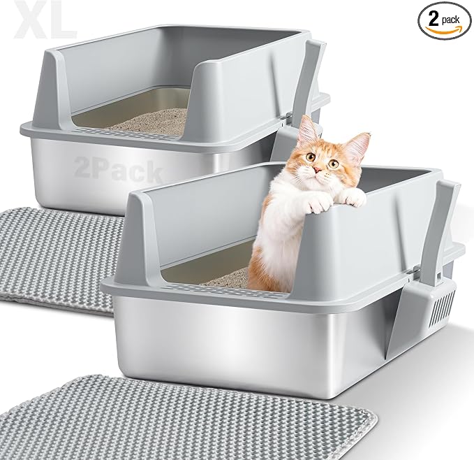 2 Pack Stainless Steel Litter Box,XL Metal Cat Litter Box with Lid High Sides,Extra Large Litter Box for Big Cats,Odor-Resistant, Scratch-Proof, Easy to Clean,Scoop &Mat Included