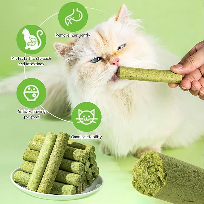 100g Cat Grass Teething Stick, Freezed Drying Cat Grass Sticks Snacks for Cats, Edible Cats Treats for Teeth Cleaning and Hairball Removal