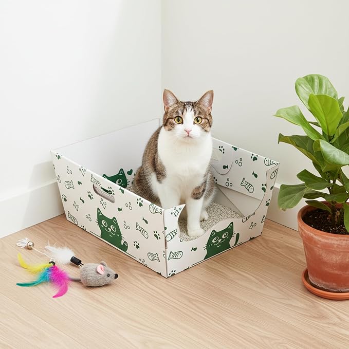 SOUJOY 8 Pack Disposable Cat Litter Box, Sturdy White Cardboard Litter Boxes with Scoop, Anti-Splashing Foldable Enclosed Travel Litter Tray for Cats Puppies Small Pets, 16" L x 12" W x 6.7" H