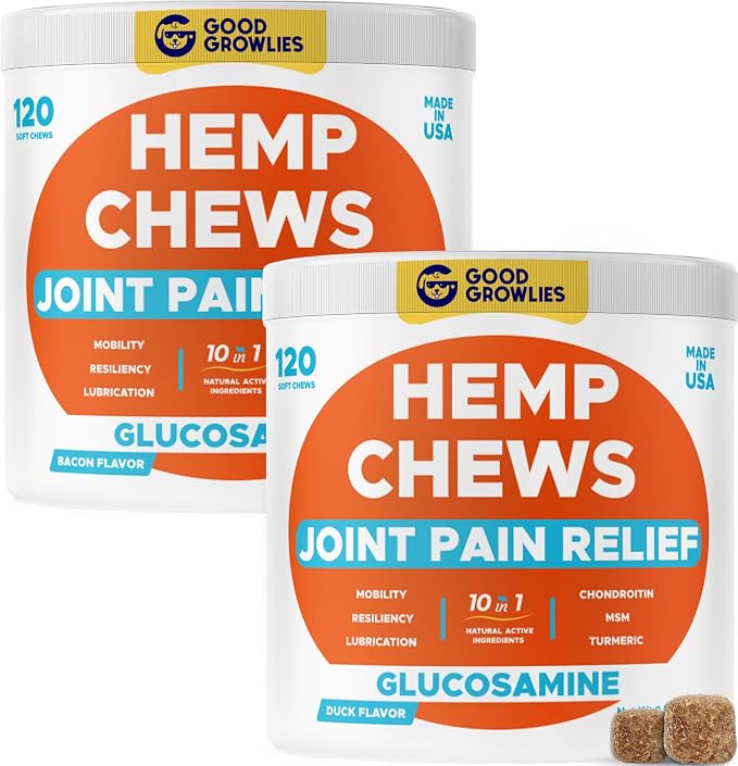 Hemp Hip & Joint Supplement for Dogs - 2 Jars Bacon + Duck Flavoring - Glucosamine, Chondroitin, MSM, Turmeric, Hemp Seed Oil & Hemp Protein for Joint Pain Relief & Mobility - 240 Chews Made in USA