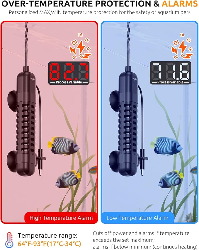 SEAOURA Small Aquarium Heater, 50W Mini Fish Tank Heater 5-10 Gallon, Adjustable Submersible Turtle Betta Heater with External Digital Display Intelligent Safety Protection for Fresh/Saltwater