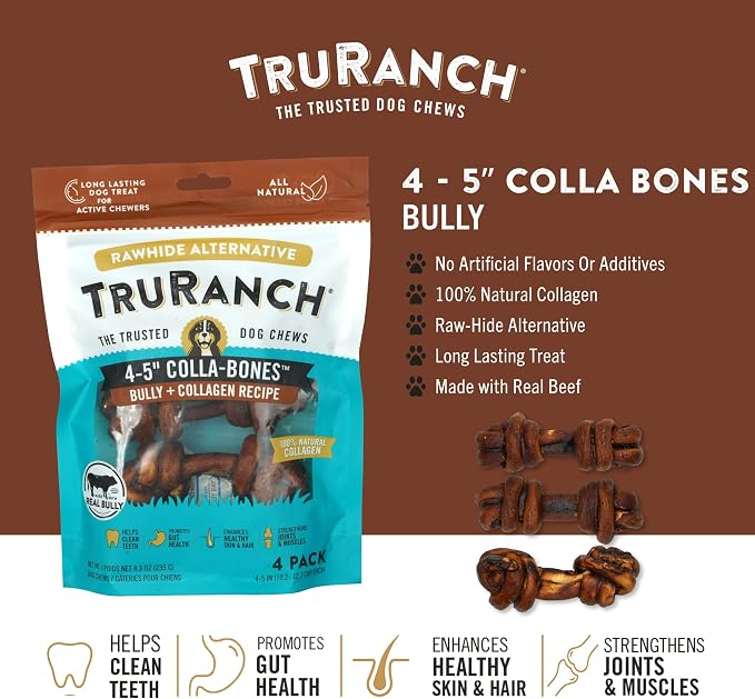 TRURANCH 4-5" Collagen Bones, Bully - Collagen Dog Bones - Long Lasting Healthy Joint Support - Rawhide Alternative - Skin & Coat Health, Value Pack, 15 Bags, 60 Count