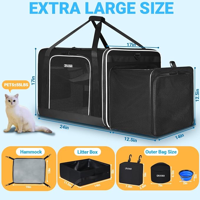 Petskd Side Expandable Extra Large Cat Carrier with Wheels and Litter Box, 24"x17"x17" Soft-Sided Pet Carrier for 2 Cats Under 55 lbs with Zipper Locks for Car Travel (Black)