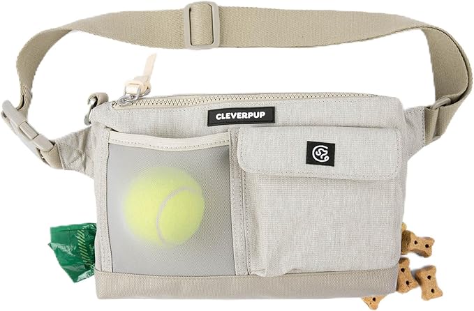 Cleverpup Dog Walk & Train Sling Bag - Hands-Free Dog Walking & Training Bag with Treat Pouch, Poop Bag Holder & Phone Pocket - Crossbody or Fanny Pack, Adjustable Strap - Sand