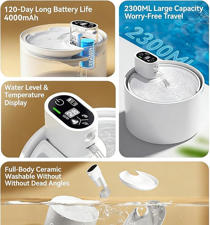 Cordless Ceramic Cat Water Fountain: 78oz/2.3L Automatic Super Silent Intelligent Sensor Cordless Pet Drinking Dispenser with 4000mAh Battery & 7 Filter Dog Water Bowl Dispenser - for Pets (Black)