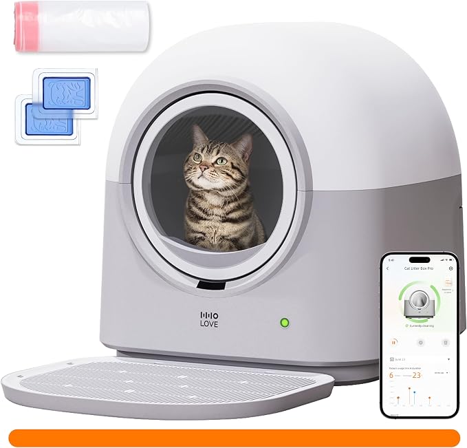 HHOLOVE Self Cleaning Cat Litter Box TY Pro, 60L Extra Large Open Automatic Litter Box App Control, Anti-Pinch for Multi Cats 3-20lbs, Advanced Odor Control with Mat&Liner(Grey)