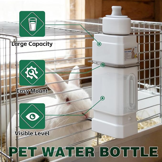 Salcod Top Fill Small Animal Water Dispenser for Cage, 42 oz No Drip Rabbit Water Bottle with Easy Mount Clip, Large Bunny Water Dispenser for Rabbit, Guinea Pig, Chinchilla, Ferret, BPA Free, White
