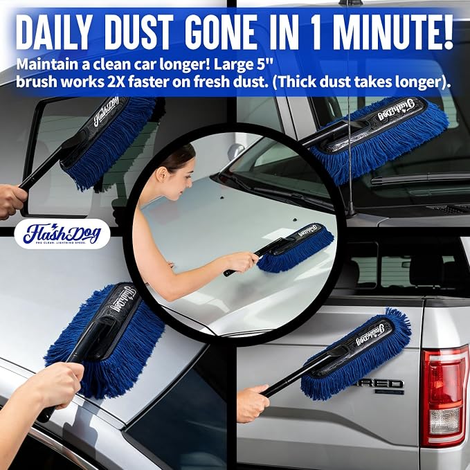 Flash Dog Car Duster Exterior - 25" Wood Handle Wax Cotton Hair Scratch Free Cleaning for Cars/SUV/Truck/RV Roofs & Windshields | Waterless Dust & Pollen Remover