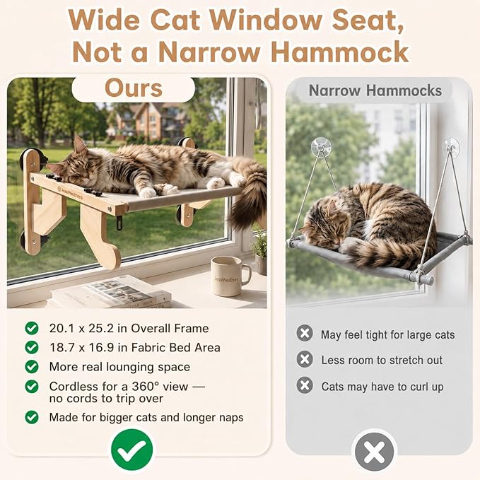 Wide Stable 40 lb Tested Cat Window Perch for Large Cats, 20.1 x 25.2 in Overall Frame, Solid Wood Cat Window Seat with Suction Cups & Steel Hooks, No-Drill for Windows & Sofas