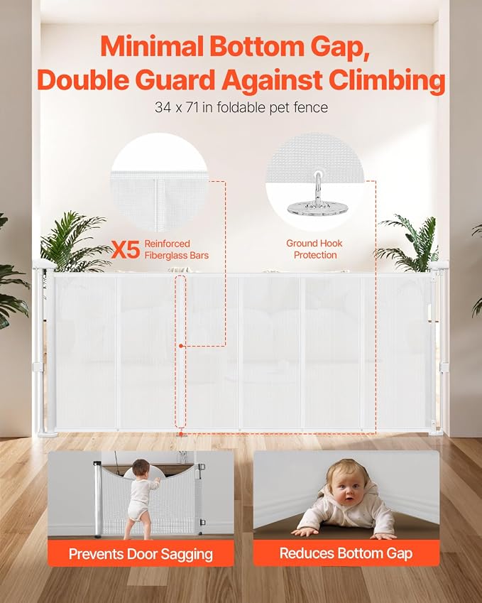 VEVOR Retractable Baby Gate, 34 inch Tall, Extends up to 71 inch Wide, Retractable Gate for Kids or Pets, Mesh Material, Easy to Install for Indoor Stairs, Doorways, Hallways, Playrooms, White