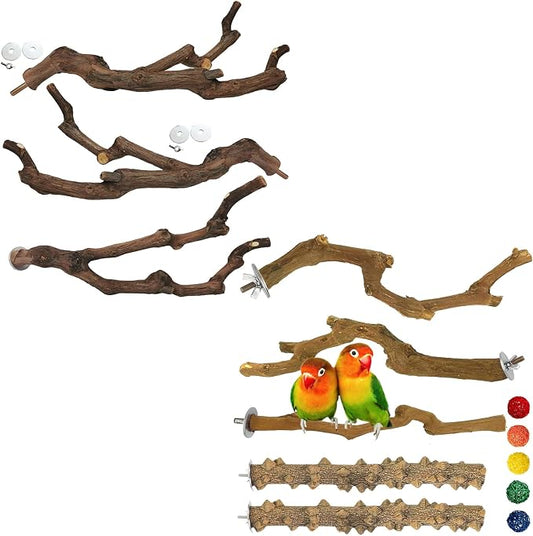 kathson Natural Parrot Perch for Cage Wooden Bird Perches Grape Bird Stick Parakeet Climbing Standing Branches Toy Chewable Cage Accessories for Small Budgies Cockatiels Lovebirds Budgies