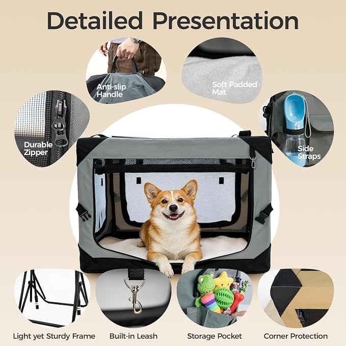 36 Inch Soft Collapsible Crate for Large Dogs, 4-Door Portable Foldable Soft Kennel with Chew Proof Mesh Windows for Indoor & Outdoor Travel Grey