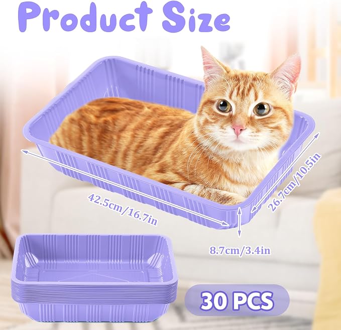 Tessco for you 30 Pack Disposable Cat Litter Boxes, Plastic Leakproof Litter Trays for Cats, Disposable Travel or Temporary Litters Pan for Kittens and Small Pets, 16.7 x 10.5 x 3.4 Inch(Light Purple)