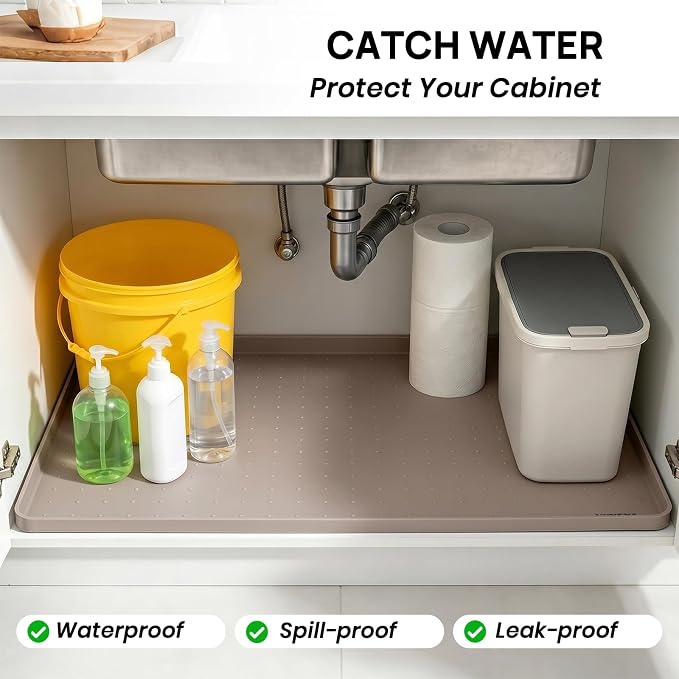 YINEYA Silicone Under Sink Mat Waterproof 24" x 16", Raised Edge Cabinet Liner, Dish Drying Mat for Kitchen Counter Protector, BPA-Free Pet Feeding Mat, Multifunctional Silicone Mat (Taupe)