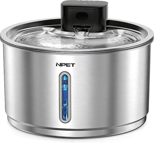 NPET Stainless Steel Wireless Cat Fountain, 1Gallon/135oz Battery Operated Automatic Pet Drinking Fountain - Cordless Dog Water Dispenser with Water Level Window for Cats Indoor