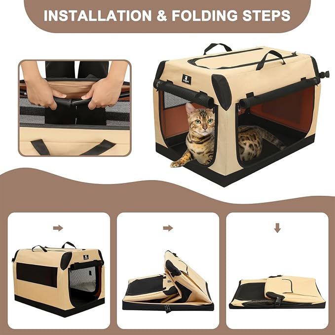 X-ZONE PET 3-Door Portable Soft-Sided Folding Soft Dog Travel Crate Collapsible Pet Kennel,XX-Large, 40 x 27 x 27 Inches,Tan