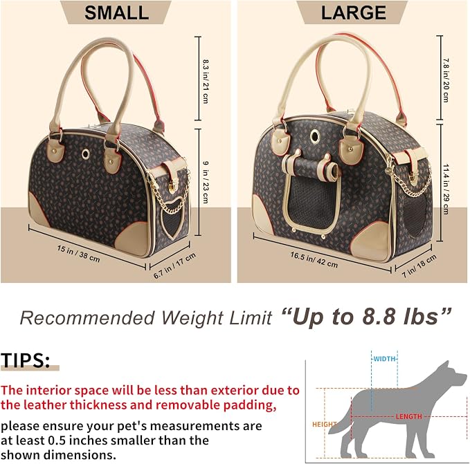 Fashion Dog Carrier PU Leather Dog Handbag Dog Purse Cat Tote Bag Pet Cat Dog Hiking Bag, Brown, Small 38 * 23 * 17cm