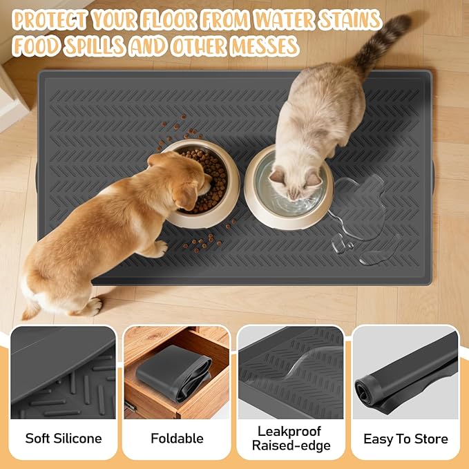 30”x 16” Silicone Dog Feeding Mat, Kalolary Waterproof Pet Feeding Mat with High Raised Edge Avoid Spill Out, Nonslip Dog Bowl Placemats Cat Feeding Mats for Floors Easy to Clean, Grey