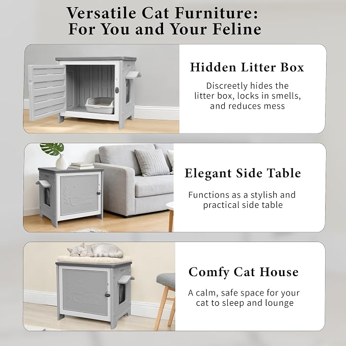 Cat Litter Box Enclosure Furniture Plastic Hidden Enclosed Litter Box Cabinet Cat House Kitty End Table for Living Room, Entryway, Balcony, Bedroom