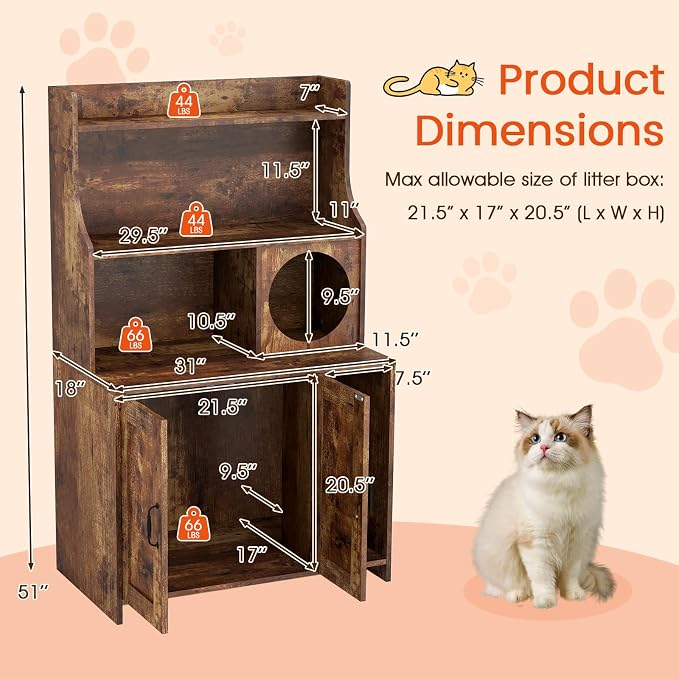 PETSITE Industrial Cat Litter Box Enclosure with Storage Shelves, 2-in-1 Wooden Hidden Litter Box Furniture with 3-Tier Open Shelf, 51-Inch Tall, Rustic Brown