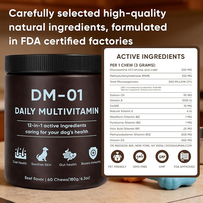 DM-01 Daily Multivitamin, Multivitamin Itch Relief Chews for Dog, with Folic Acid, Salmon Oil, Chondroitin & Natural Vitamins, Skin and Coat Healthy, Digestive & Boost Immunity, 60 Chew (Beef)