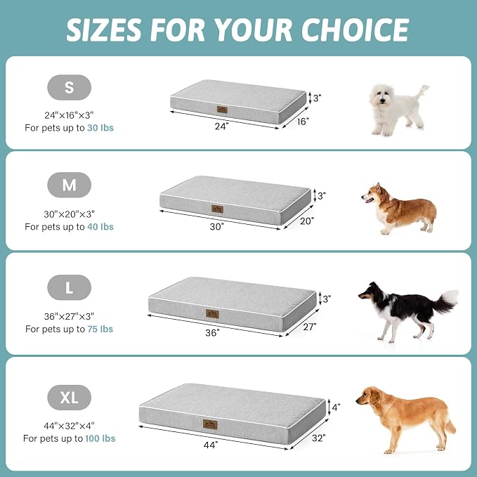 COZY KISS Large Cooling Orthopedic Dog Bed, Waterproof Egg Crate Foam Pet Bed with Removable Washable Cover, 44x32x4in,Silver Grey