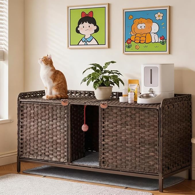 Cat Litter Box Enclosure Furniture, Handwoven Rattan Cat Houses, Hidden Cat Washroom Furniture with Door/Mat, Large Space Cat Houses with S-Shaped Hooks, Living Room, Bedroom, Brown