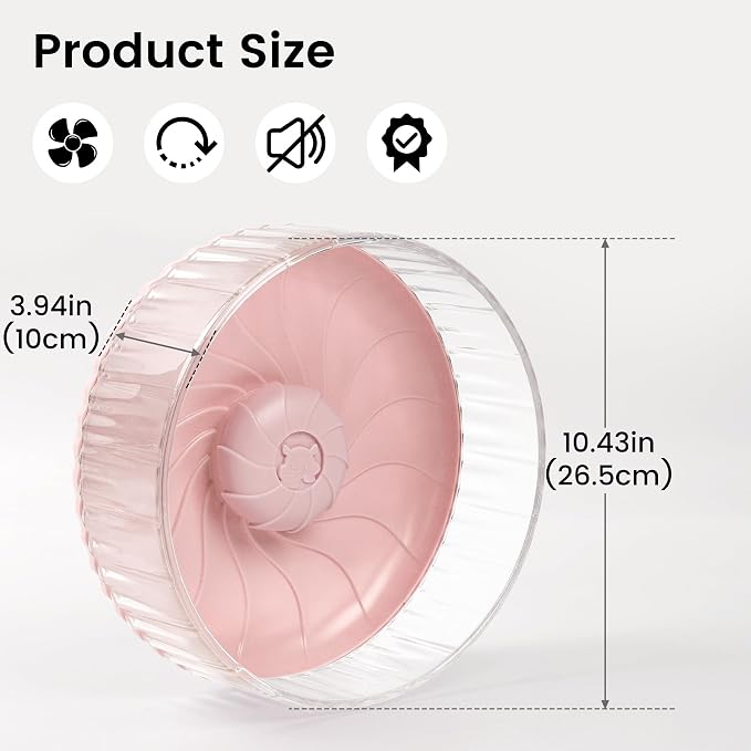 Silent Hamster Wheel, 10in Hamster Wheel No Stand, Double-Bearing Quiet Spinner for Syrian Hamsters, Hedgehogs, Mice & Small Pets, Pink
