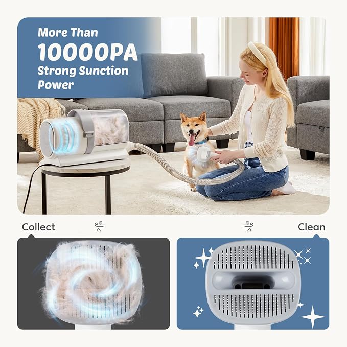 DUMOS Pet Grooming Vacuum Kit, 3 Adjustable Suction Modes, 5 Professional Grooming Tools with Low Noise Dog, 10000PA Cat Hair Clippers for Home Cleaning, 2.5L, Ivory