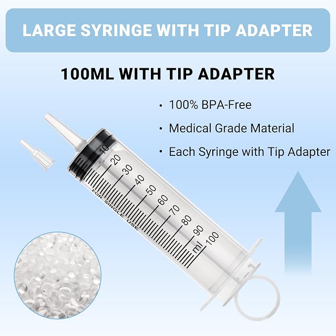 100ml Large Syringe, Plastic Syringes for Liquid with Tip Adapter, Epoxy Syringe for Scientific Labs, Oil Transfer, Plant Watering & Refilling, Individual Sealed, 5 Pack