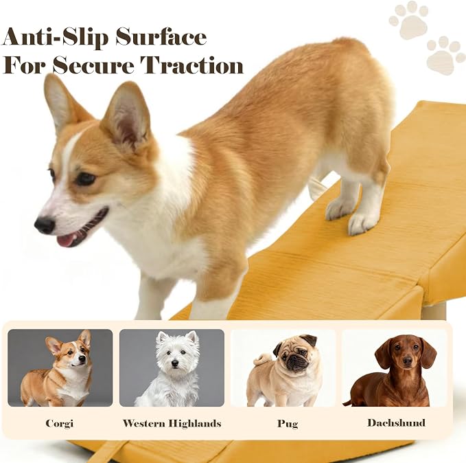 Split Ottoman Dog Ramp for Couch and Low Bed, 2-in-1 Foldable Dog Stairs for Small Dogs and Cats, Wooden Pet Ramp with Non-Slip Surface, Portable Step Stool Design, Orange