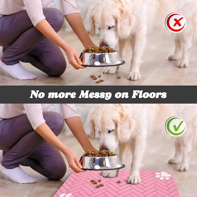 Dog Food Mats,Cat Absorbent Water Bowl Feeding Mats Pet Placemats for Food and Water Pink Wood Grain 17 * 30 inch