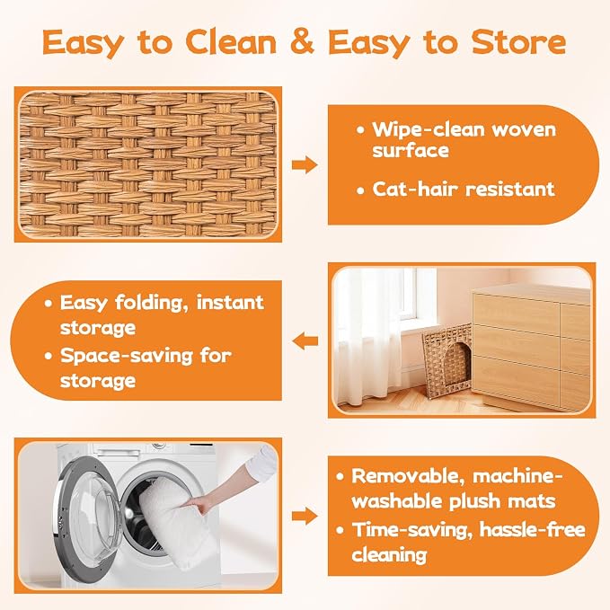 Snughome Handwoven Rattan Cat House - Indoor Foldable Cat Bed Cave with 2 Removable Bed Mats, Large Kitten House, Hideaway Pet Cube, 16.54 x 16.54 x 12.6 Inches, Natural, for Living Room & Bedroom