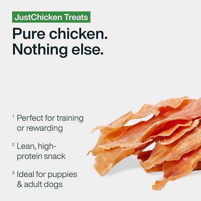 JustFoodForDogs Single Ingredient Healthy Dog Treats and Dog Snacks, Jerky Treats, Human Grade, Preservative and Grain Free, Rawhide Free Chews, Low Calorie Treat - Chicken Breast, 2.5 oz Pack of 4