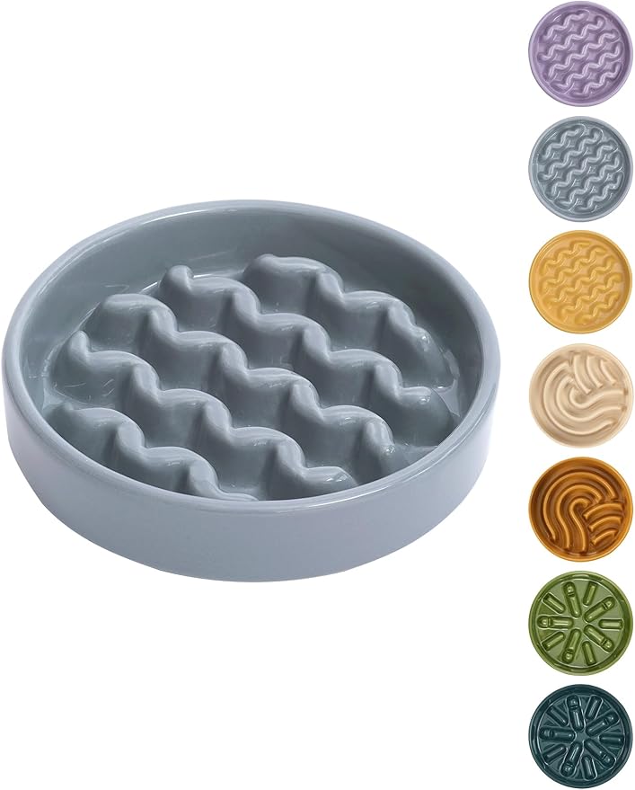 Ceramic Slow Feeder Dog Bowl, Maze Puzzle Non-Slip Silicone Base Stoneware Bowl for Small Medium Dogs, Heavy Duty Anti-Bloat Dog Food Bowl Dishwasher Safe – Ice Blue, Small