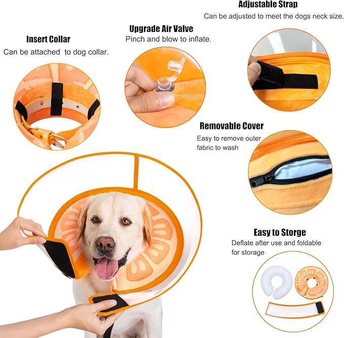 Inflatable Dog Cone Collar for Large Medium Small Dogs, Soft Dog Donut Collar Adjustable Recovery Cone for Pets After Surgery, Extra Enhanced Anti-Licking Guard Shield for Pets (ML, Orange)