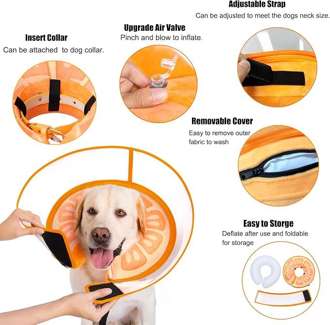 Inflatable Dog Cone Collar for Large Medium Small Dogs, Soft Dog Donut Collar Adjustable Recovery Cone for Pets After Surgery, Extra Enhanced Anti-Licking Guard Shield for Pets (Large, Orange)