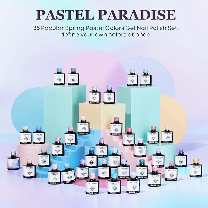 Modelones 40 Pcs Gel Nail Polish Kit, 36 Colors Dreamy Macaroon Pastel Gel Polish Colors Set Soak Off LED Soft Summer Bright Purple Pink Blue Yellow Green with Base Coat& Matte Glitter Glossy Top Coat