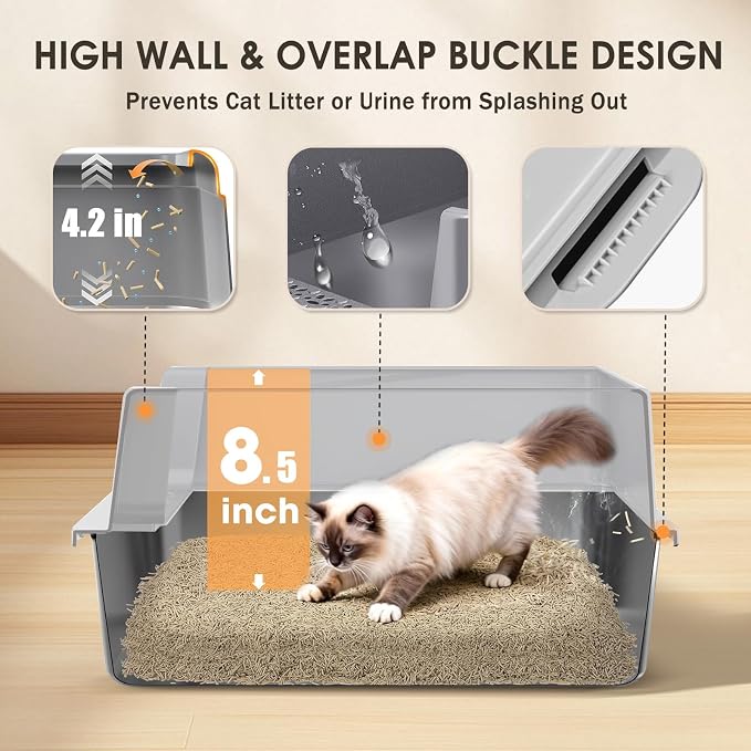 Stainless Steel Litter Box, 17.4'' x 13.5'' x 8.5'' Metal Kitty Litter Box for Small Cats Kitten High Sided Litter Boxs with Scoop Open Top Low Entry Easy to Clean Non-Sticky Anti-Leakage