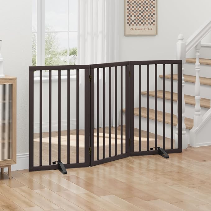 Dog Gates for Doorways, Tall Dog Gate Indoor, Foldable Pet Gates for Doorways Bedroom, Freestanding Puppy Gate with Metal Support Feet, Room Divider,3 Panels (Brown)